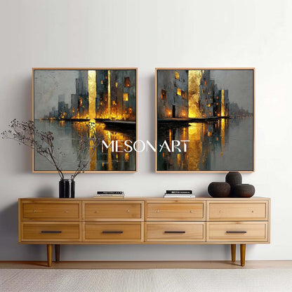 Large Abstract Gold and Grey Cityscape Wall Art Set of 2 Modern Textured Canvas Paintings