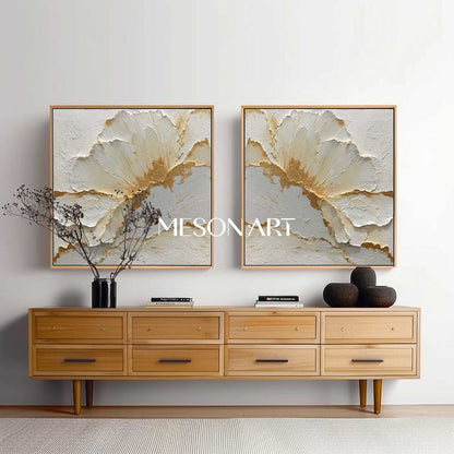 Large Gold and White Plaster Canvas Wall Art Set of 2 Textured Flower Paintings for Modern Decor