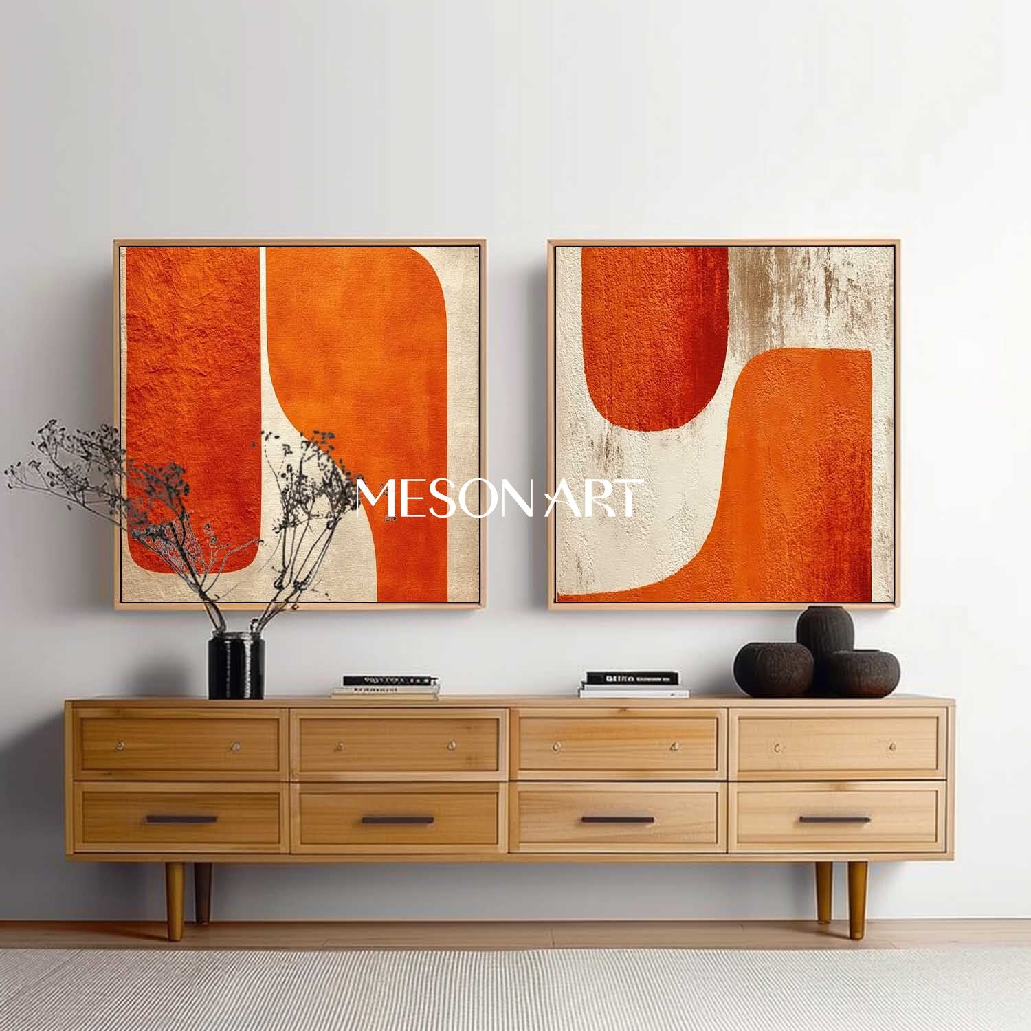 Minimalist Modern Wall Art Orange Abstract Geometric Canvas Set