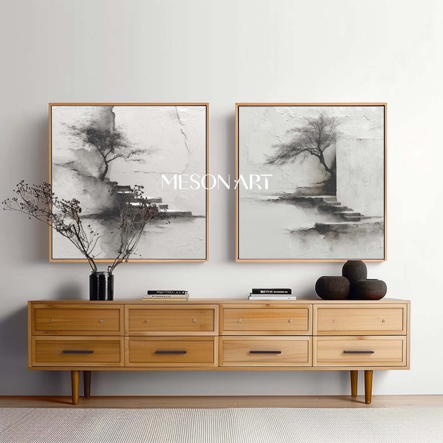 Modern ink landscape painting 2-piece set black and white wabi-sabi art landscape Japanese painting