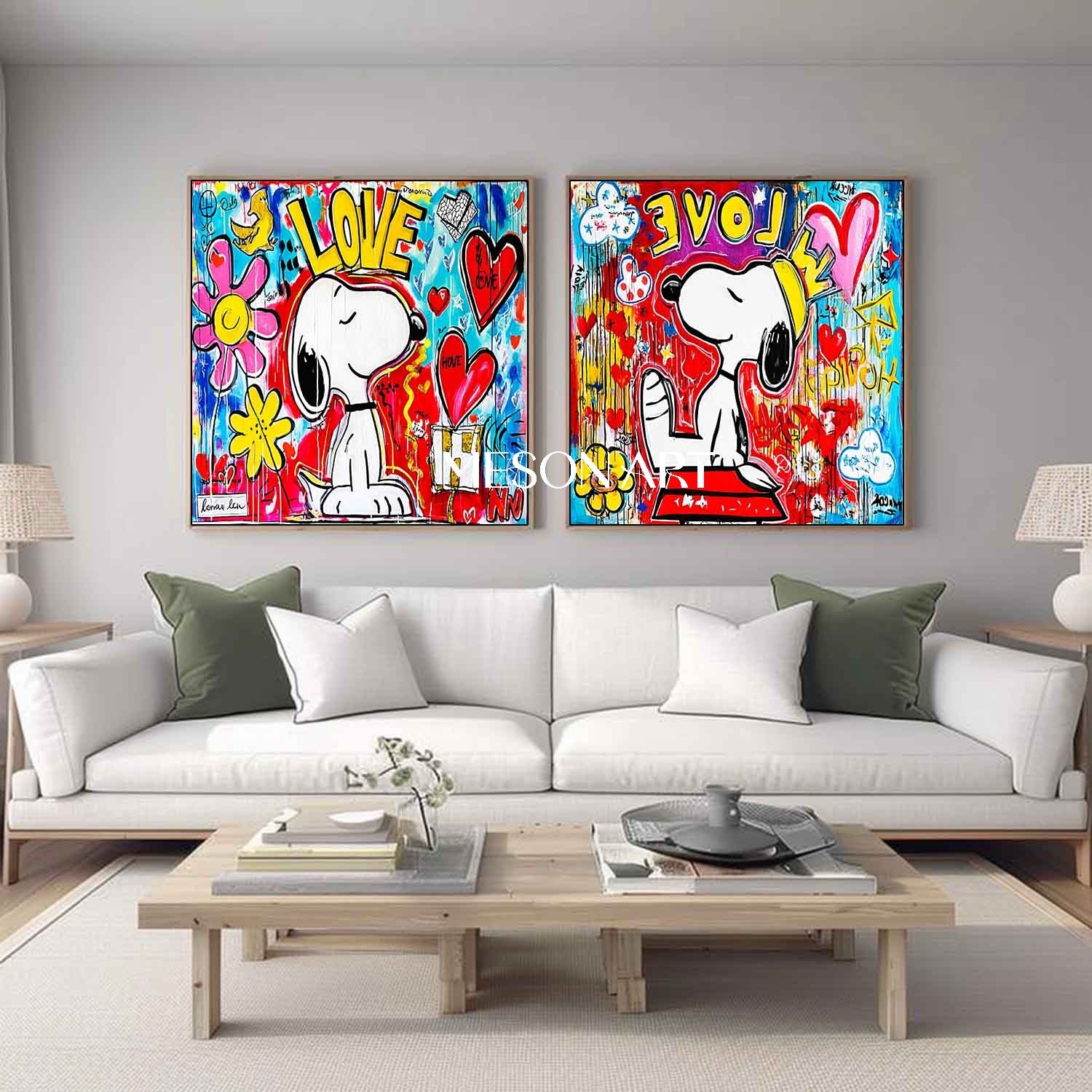 LOVE Graffiti Abstract Art 2-Piece Set Snoopy Pop Art Snoopy and LOVE Wall Art Decoration