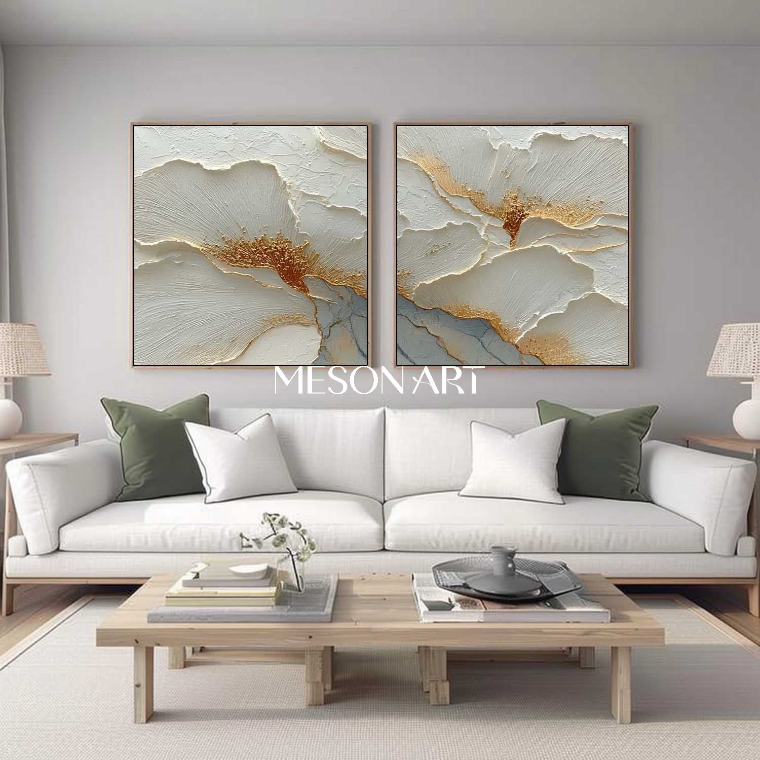 Luxury White and Gold Plaster Canvas Art, Elegant Plaster Flower Paintings for Home Decor