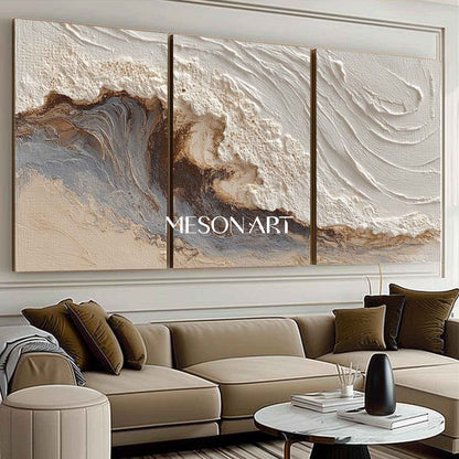 White Sea Plaster Texture Painting 3 Piece Set White Ocean Waves Abstract Canvas Wall Art Decor