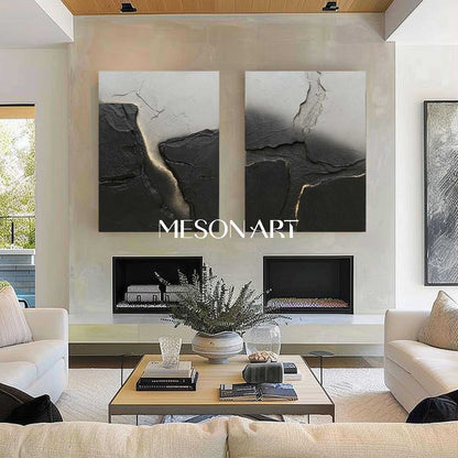 2 Piece Set Black and Grey Abstract Art for Sale Black and Grey 3D Texture Wall Decor Painting