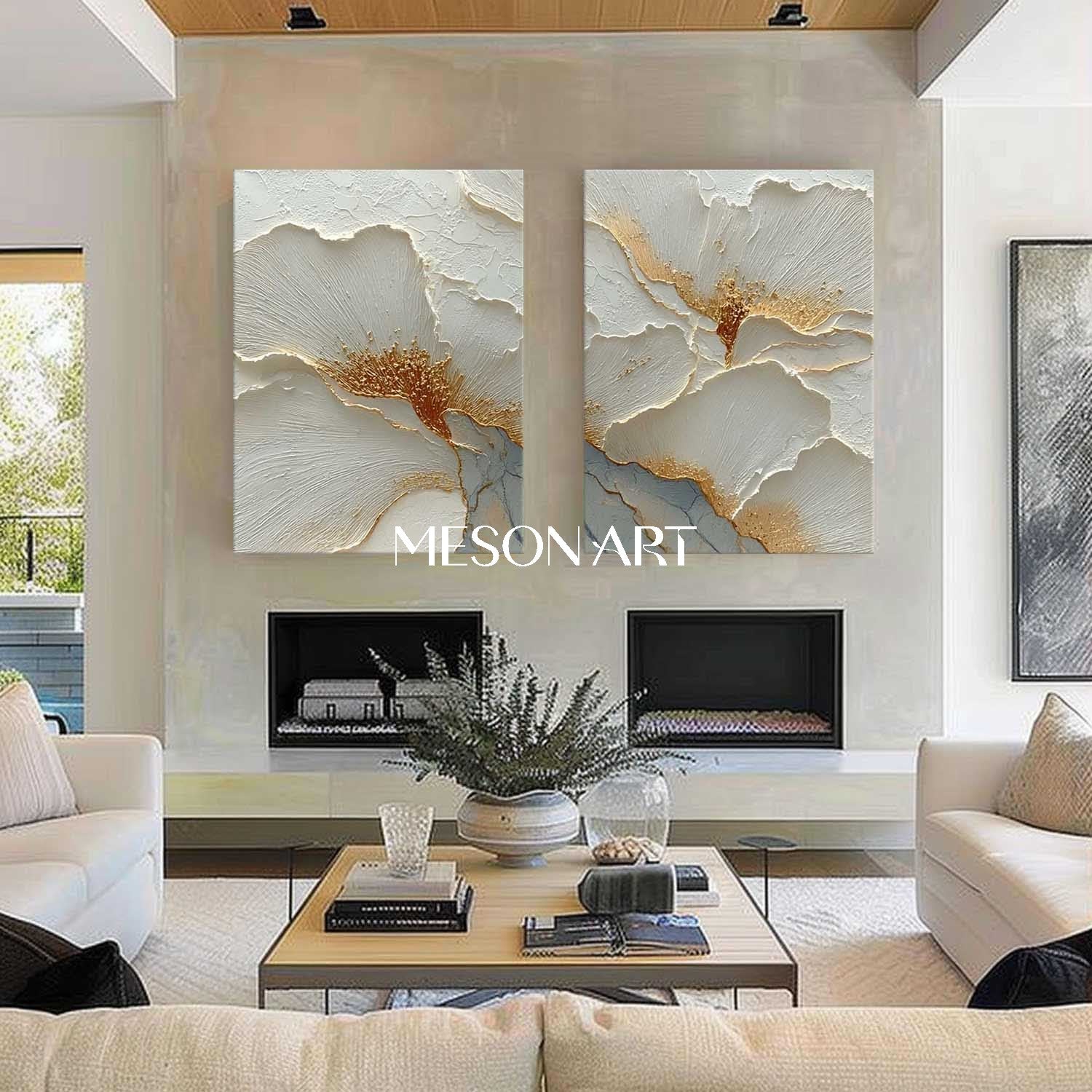 2-Piece Set White and Gold Plaster Canvas Art for Sale, Plaster Flower Paintings