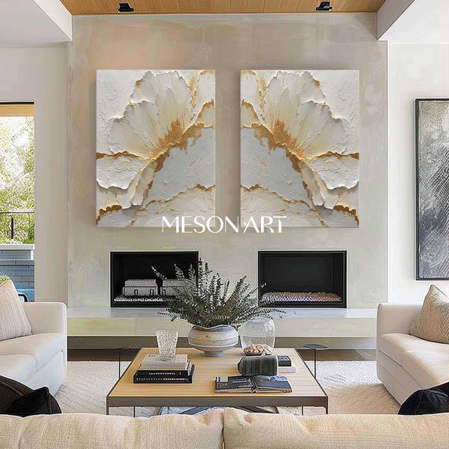 2-Piece Set White and Gold Plaster Texture Paintings for Sale, Plaster Flower Art