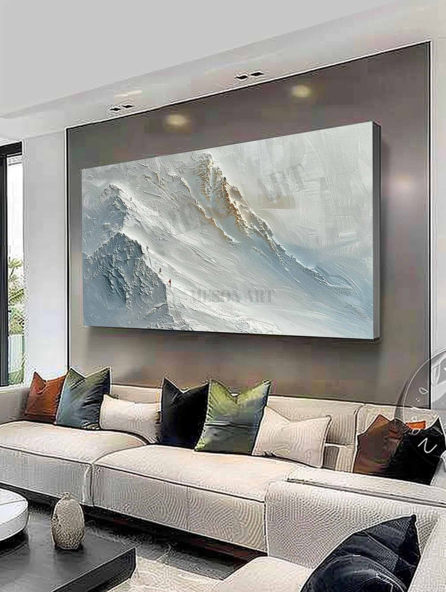 Large 3D White Snow Mountain Plaster Texture Painting Snow Mountain Climber Canvas Wall Art Climber Art