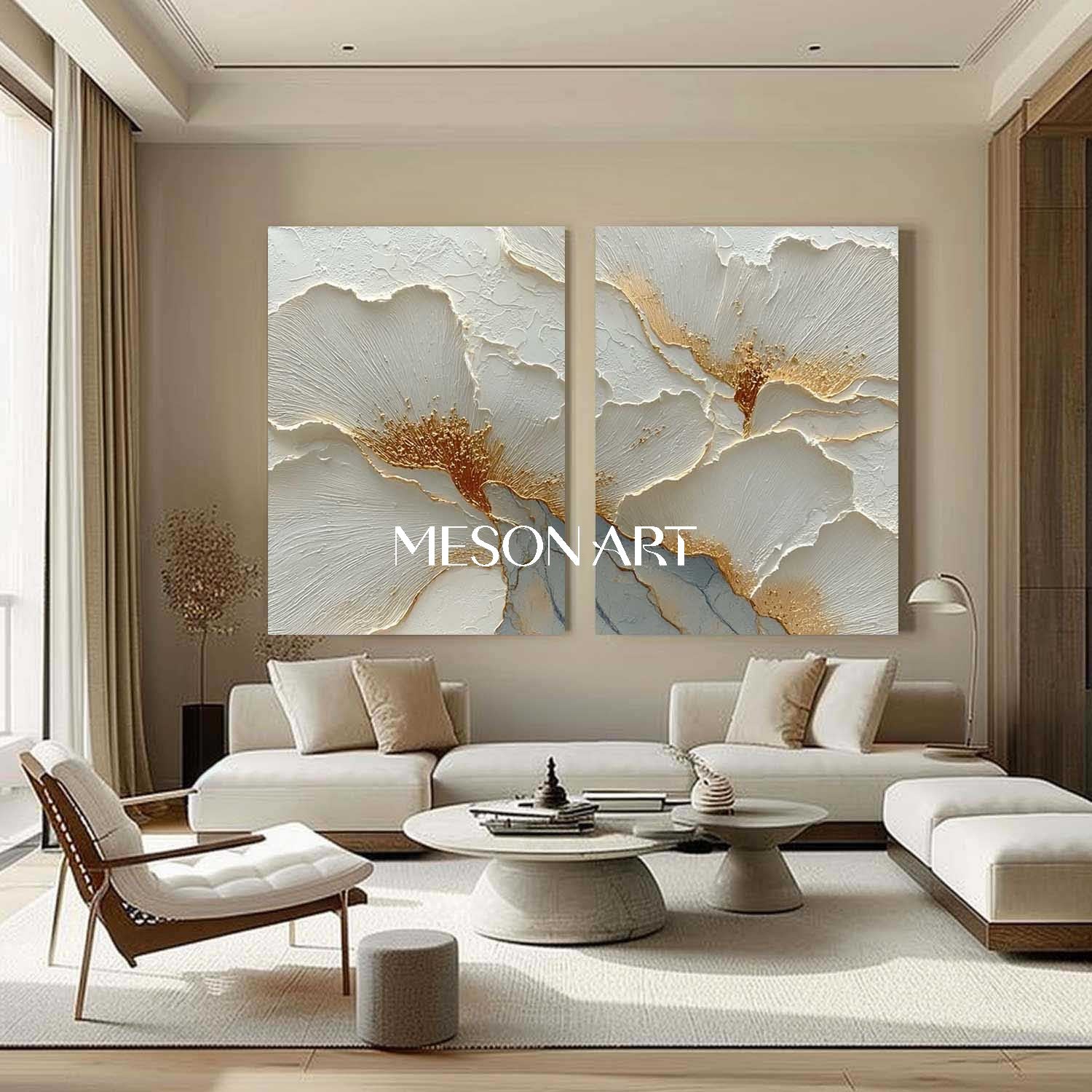 2-Piece Set White and Gold Plaster Canvas Art for Sale, Plaster Flower Paintings