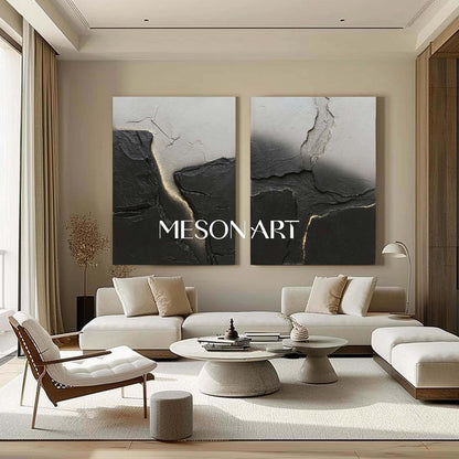 2 Piece Set Black and Grey Abstract Art for Sale Black and Grey 3D Texture Wall Decor Painting