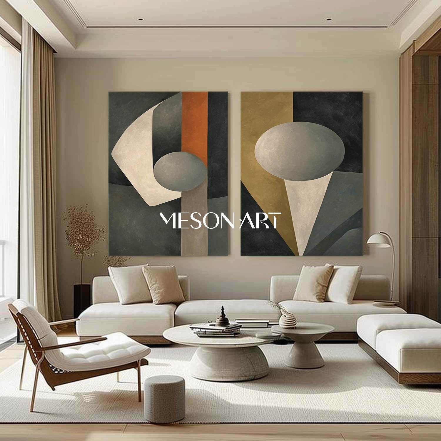 Modern Abstract Geometric Oil Painting Gray Canvas Living Room Triptych