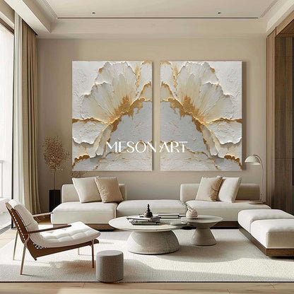 2-Piece Set White and Gold Plaster Texture Paintings for Sale, Plaster Flower Art