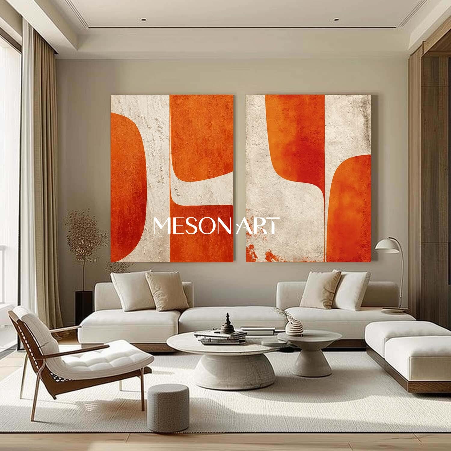 Abstract Geometric Canvas Set Orange Minimalist Wall Art for Living Room