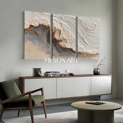 White Sea Plaster Texture Painting 3 Piece Set White Ocean Waves Abstract Canvas Wall Art Decor