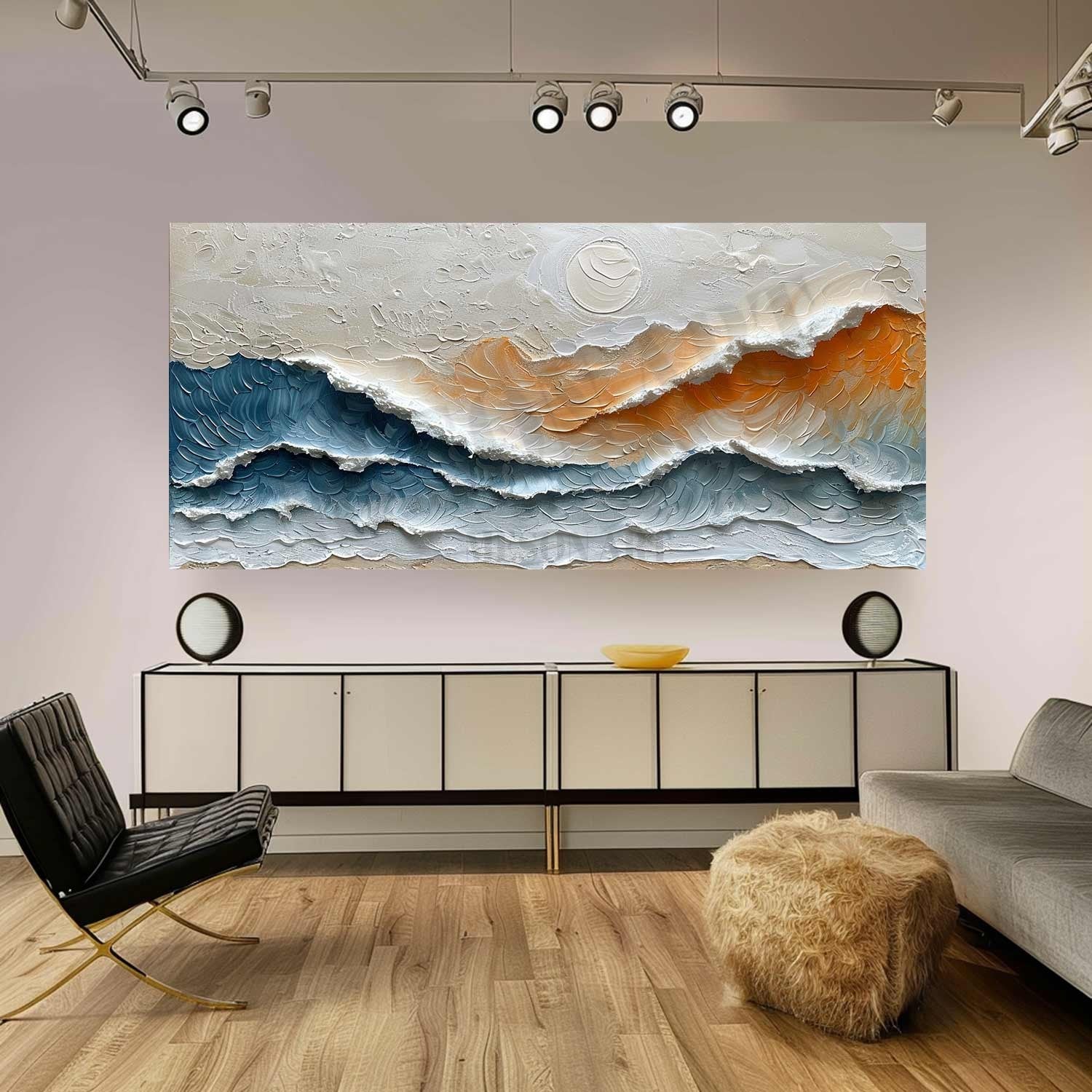 Large 3D Sunrise Sea Texture Painting on Canvas Sunrise Waves Texture Wall Art Blue and Orange Sea Painting