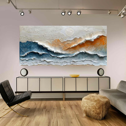 Large 3D Sunrise Sea Texture Painting on Canvas Sunrise Waves Texture Wall Art Blue and Orange Sea Painting