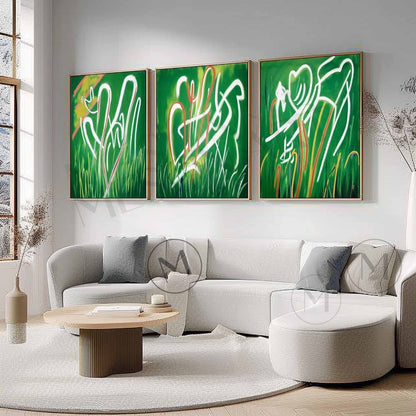 Large Modern Green Abstract Lines Canvas Paintings 3-Piece Set Green Abstract Minimalist Lines Wall Art