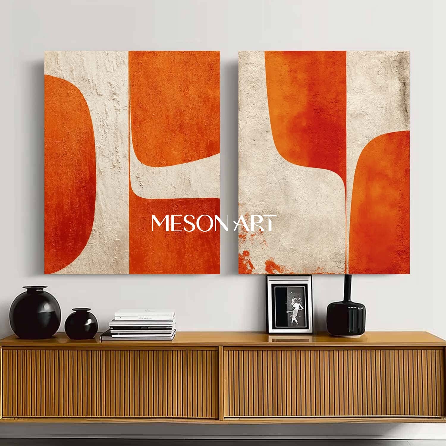 Abstract Geometric Canvas Set Orange Minimalist Wall Art for Living Room