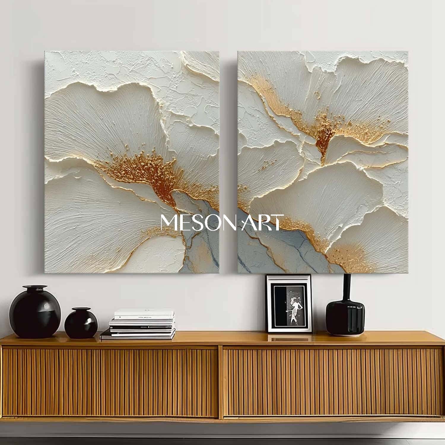 2-Piece Set White and Gold Plaster Canvas Art for Sale, Plaster Flower Paintings