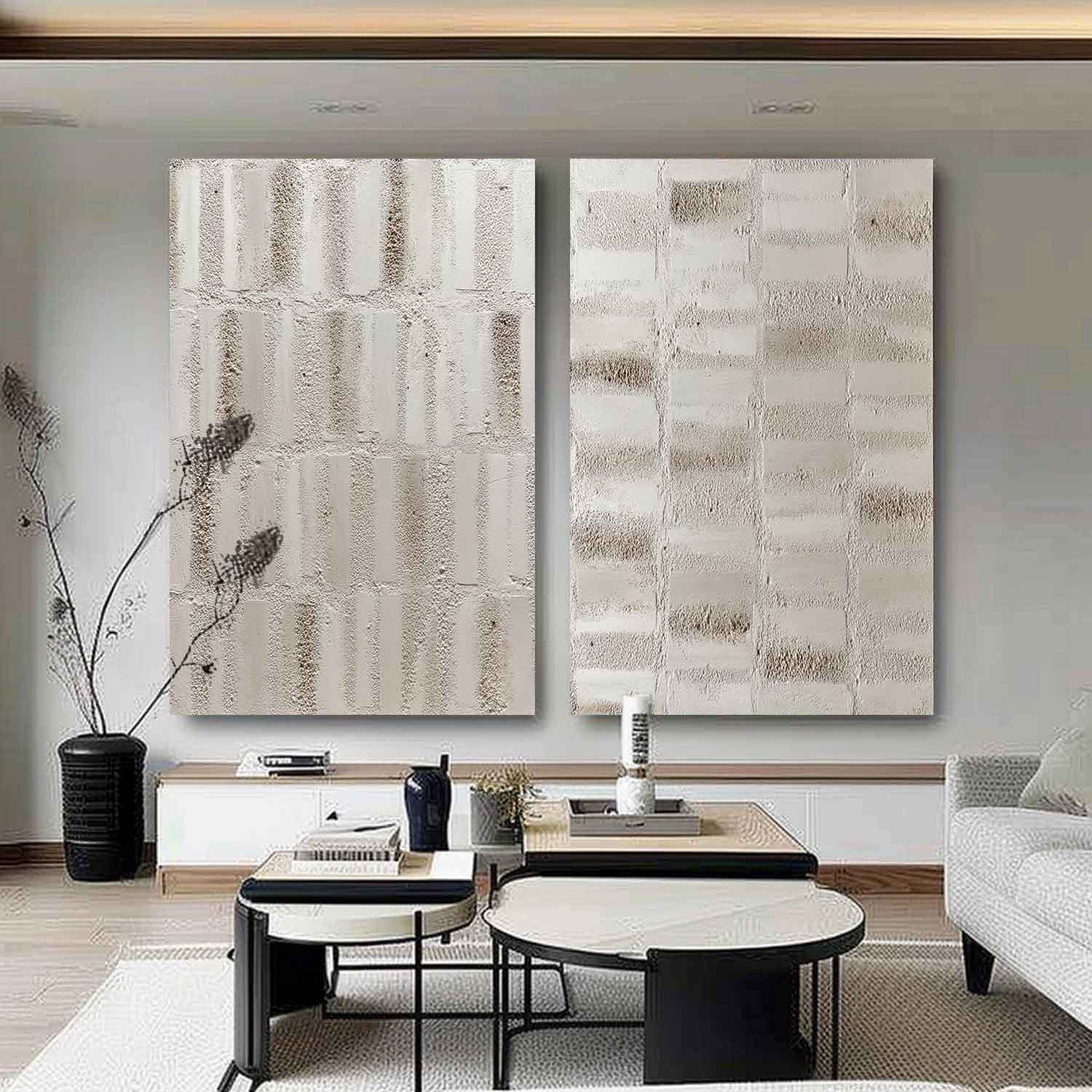 Set of 2 Large Light Grey Texture Paintings Light Grey Abstract Canvas Art Light Grey Wall Art Decor