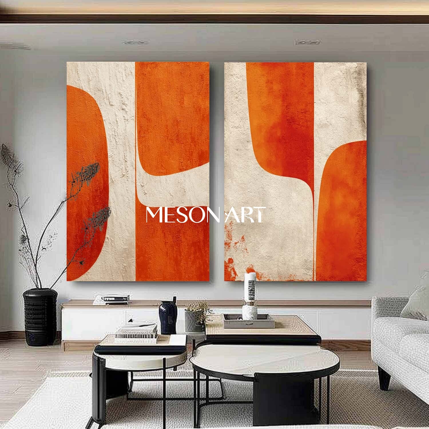 Abstract Geometric Canvas Set Orange Minimalist Wall Art for Living Room