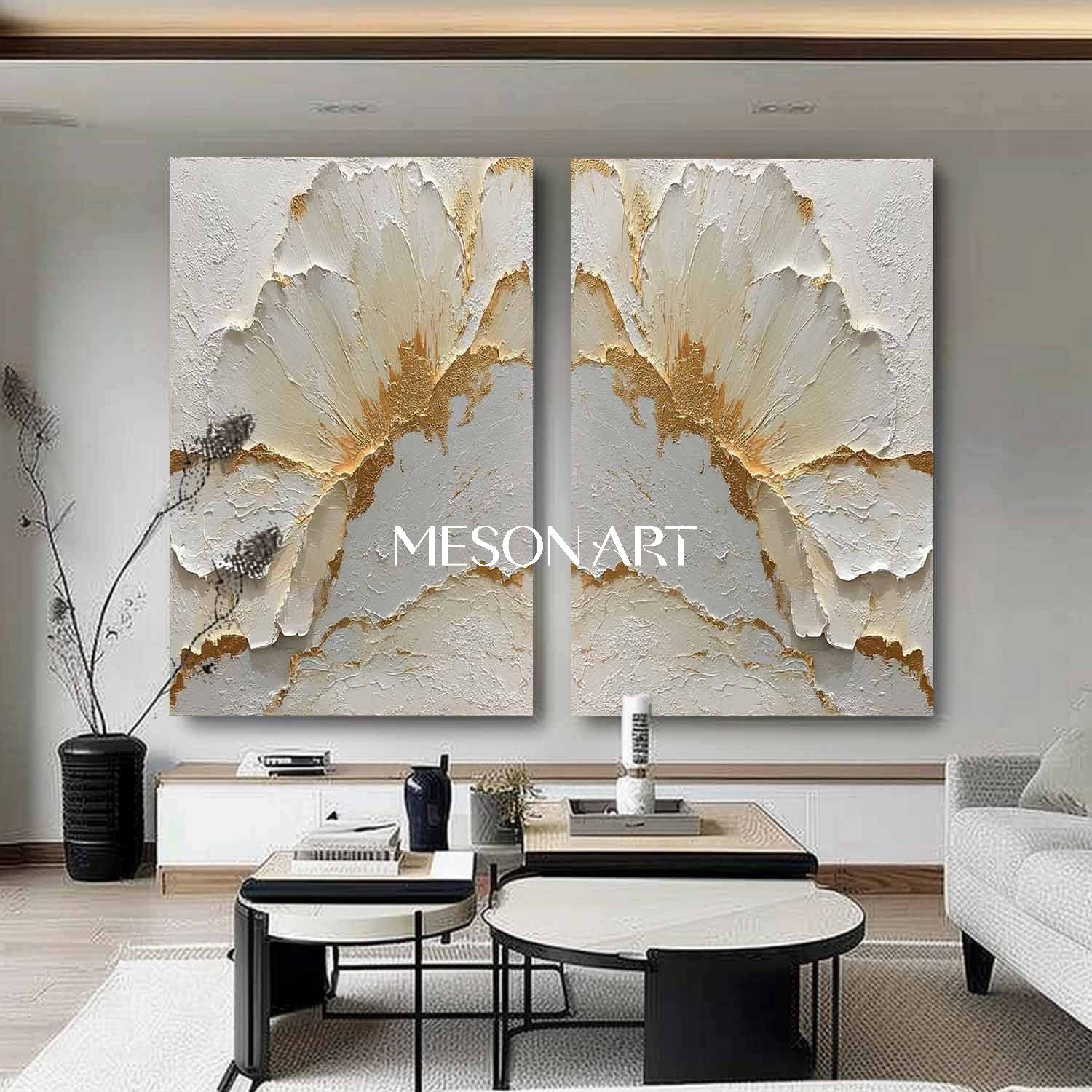 2-Piece Set White and Gold Plaster Texture Paintings for Sale, Plaster Flower Art
