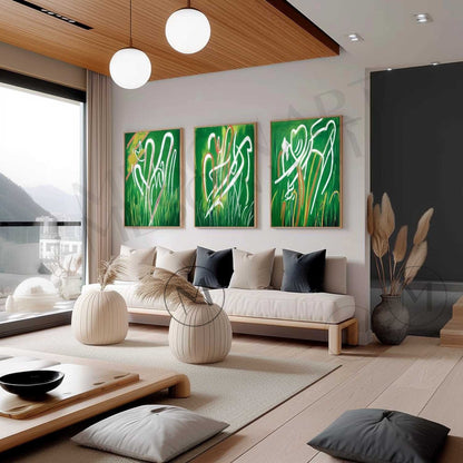 Large Modern Green Abstract Lines Canvas Paintings 3-Piece Set Green Abstract Minimalist Lines Wall Art