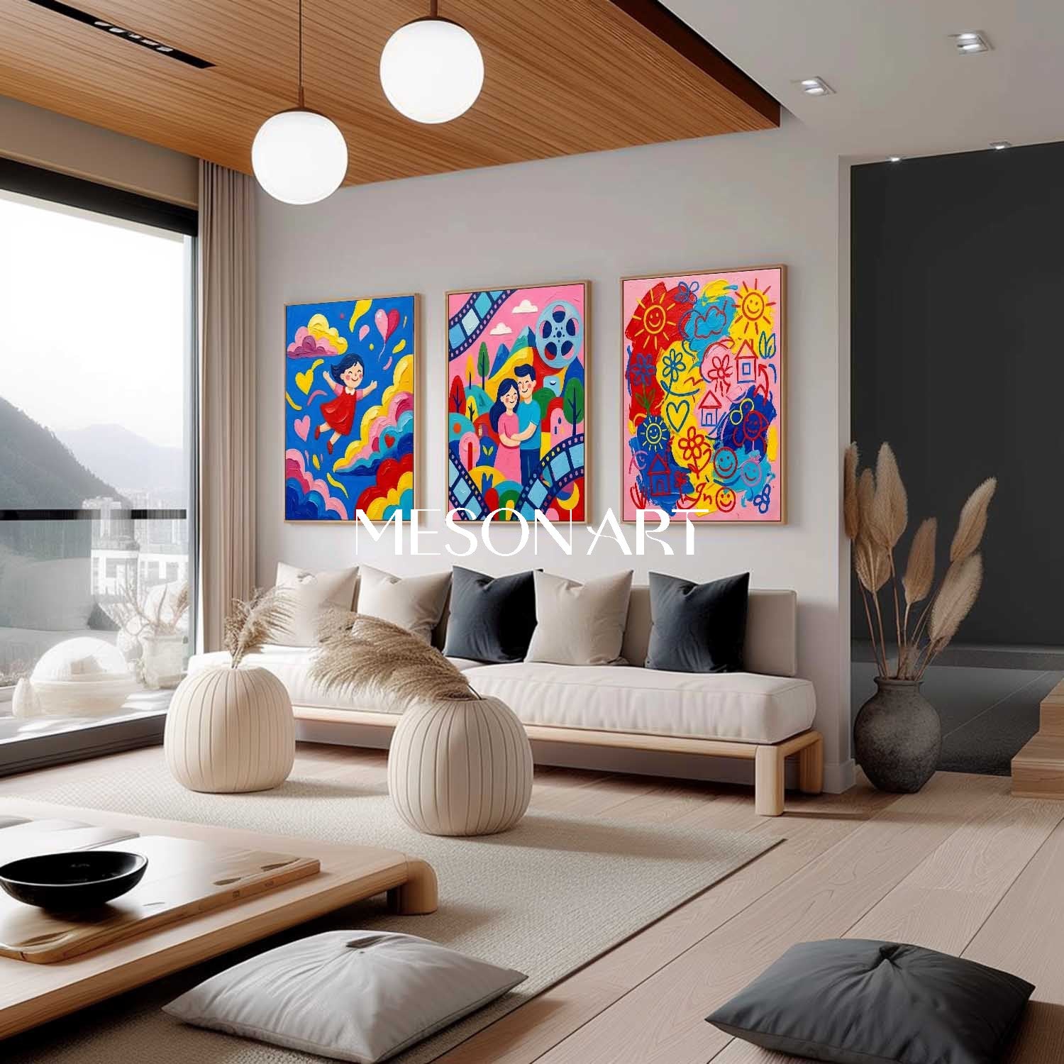 Original Kids Triptych Wall Art Modern Pop Art Canvas Set Colorful Contemporary Family Artwork