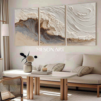 White Sea Plaster Texture Painting 3 Piece Set White Ocean Waves Abstract Canvas Wall Art Decor