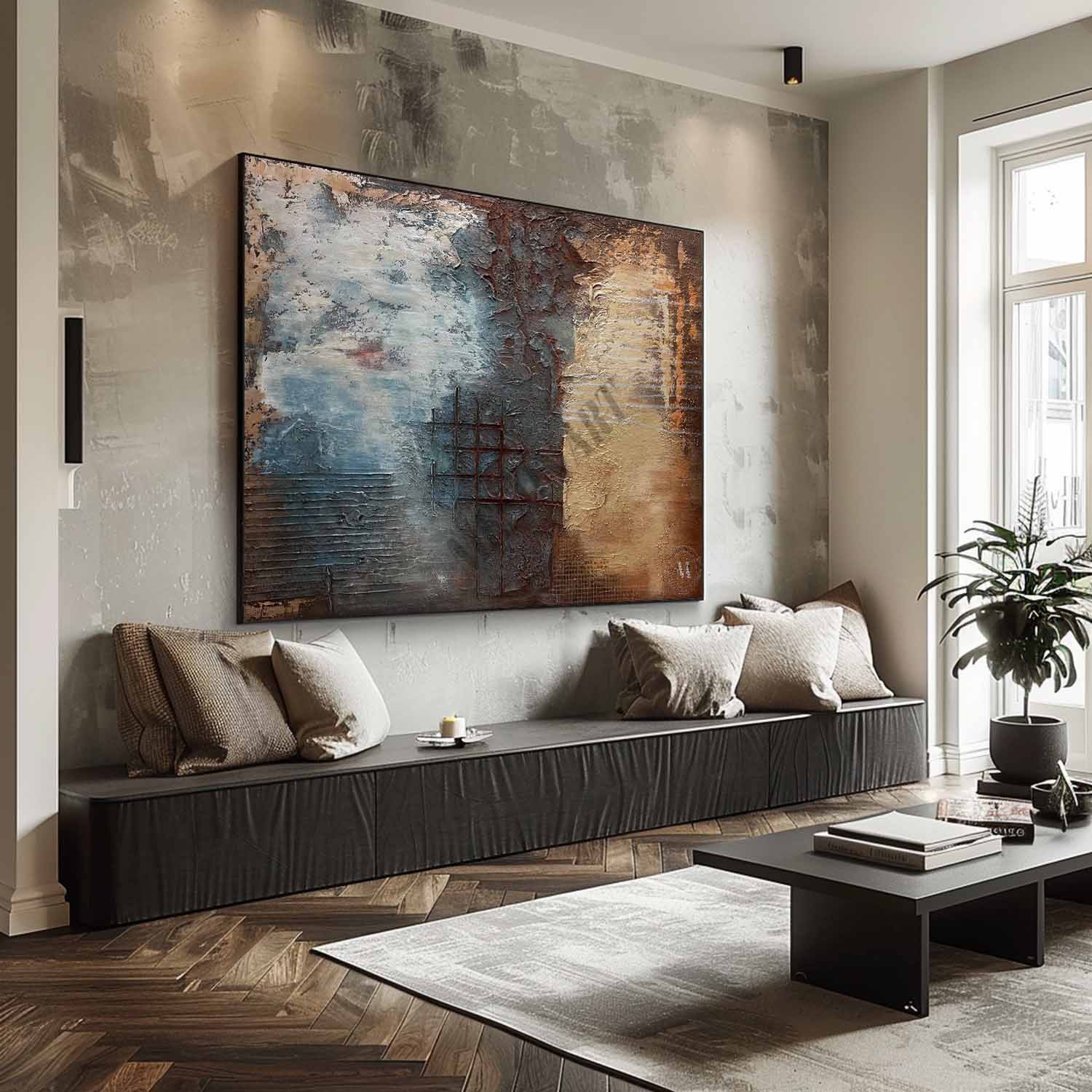 Large Wabi Sabi Abstract Art Wall Decor Blue and Brown Textured Painting for Sale