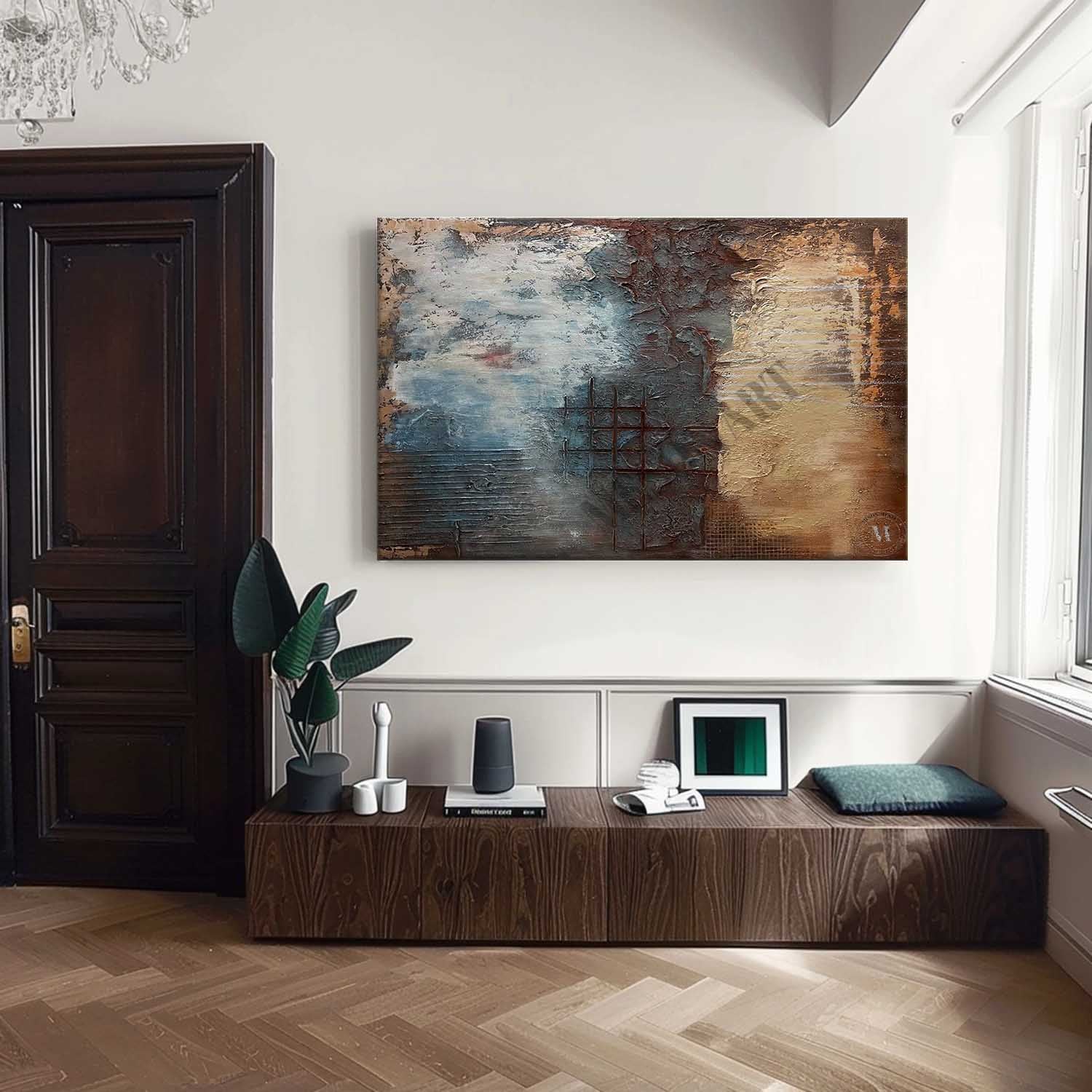 Large Wabi Sabi Abstract Art Wall Decor Blue and Brown Textured Painting for Sale