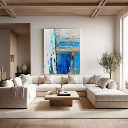Large Blue Abstract Textured Canvas Painting Blue and White Art Blue and White Abstract Wall Art Decor