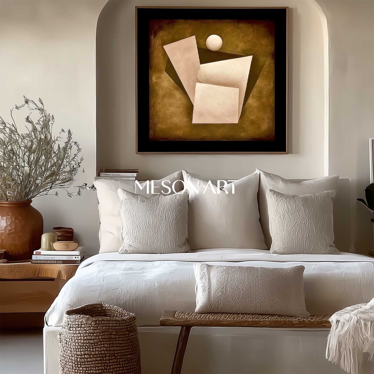 Warm Ochre Abstract Geometric Oil Painting Framed Canvas Art Office Buy