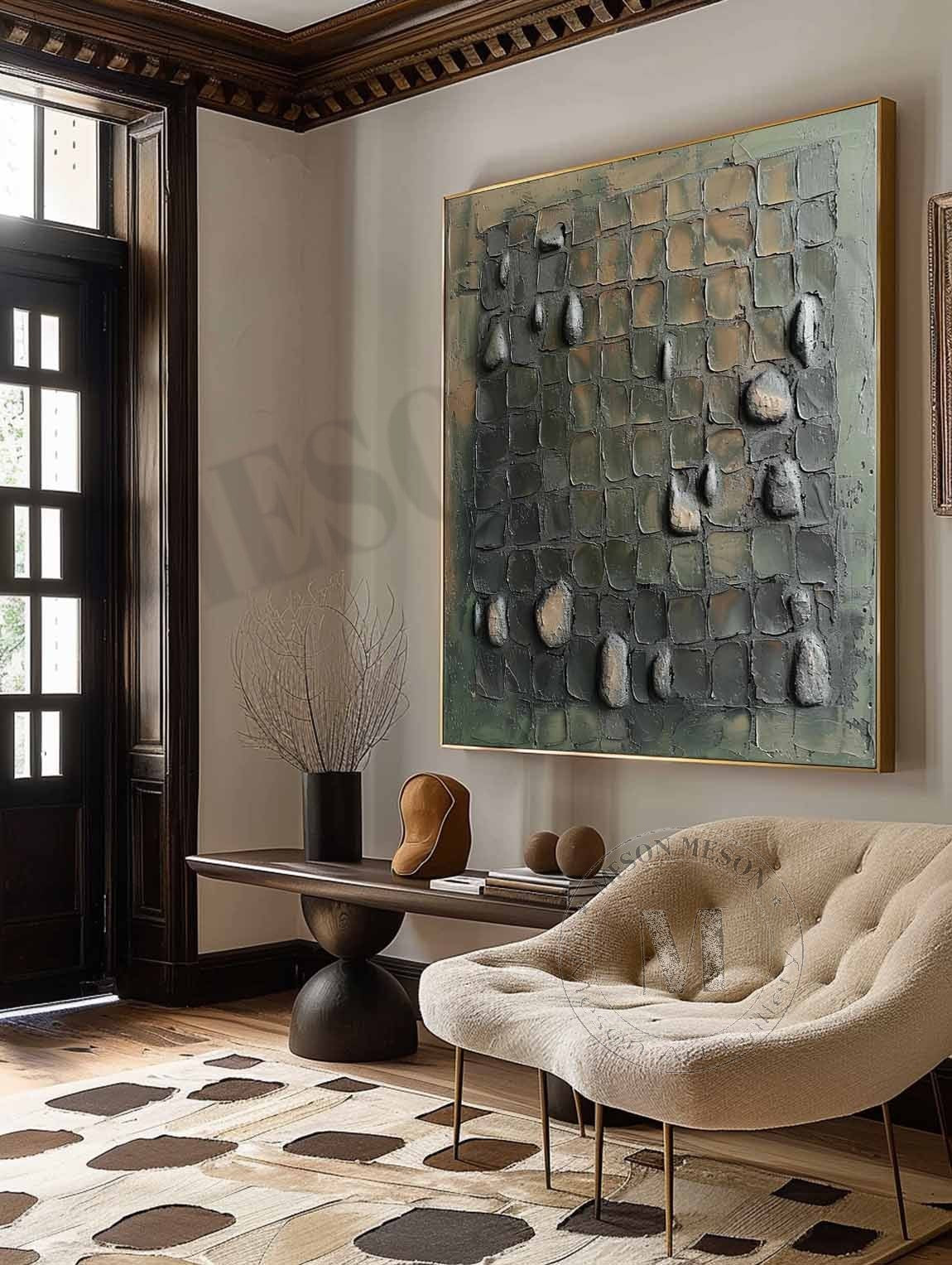 Large 3D Green Abstract Canvas Art for Sale Wabi-Sabi Wall Art Green Abstract Oil Painting