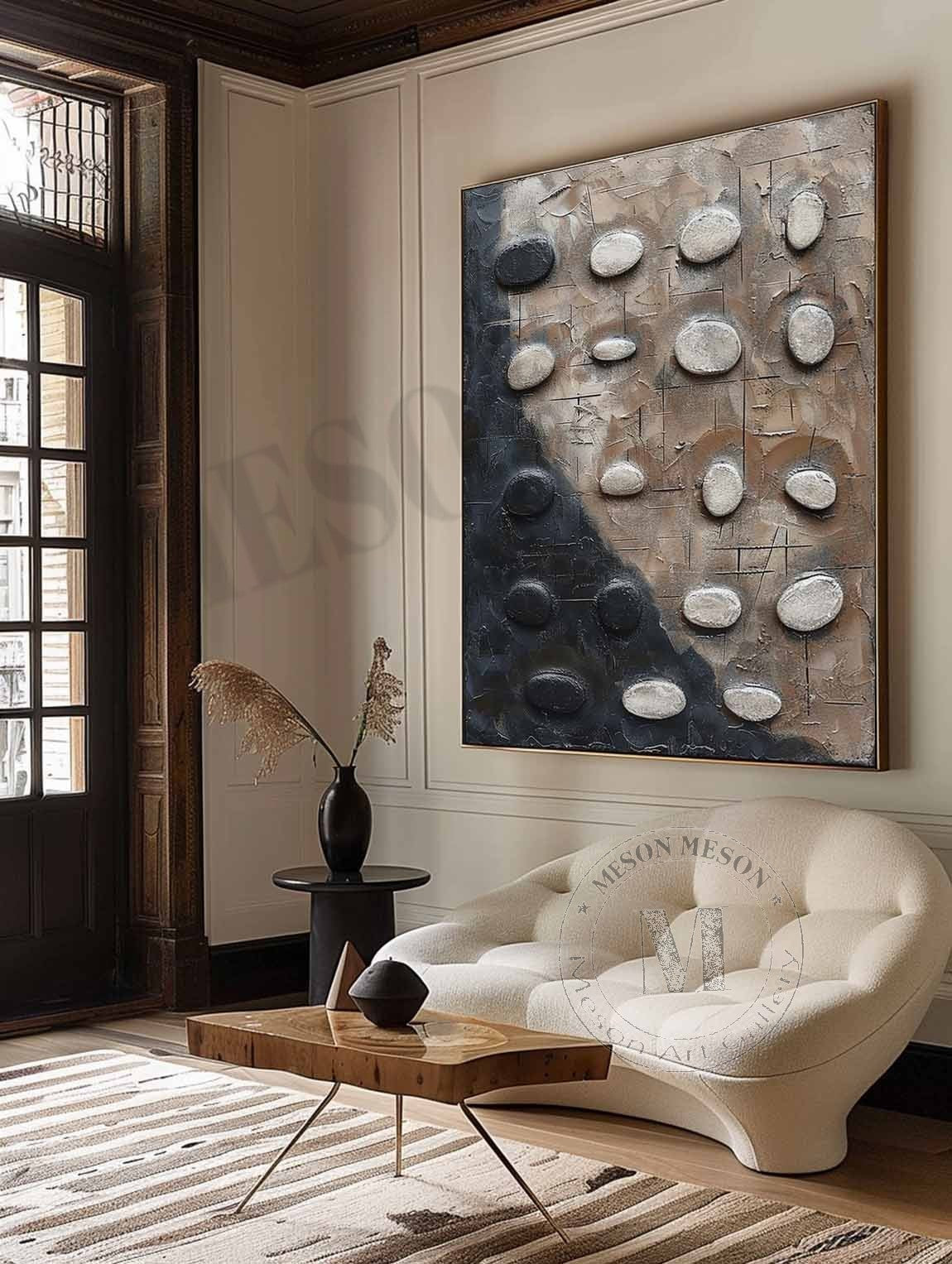 Large 3D Black and White Textured Painting Wabi Sabi Art Black and White Abstract Art for Sale