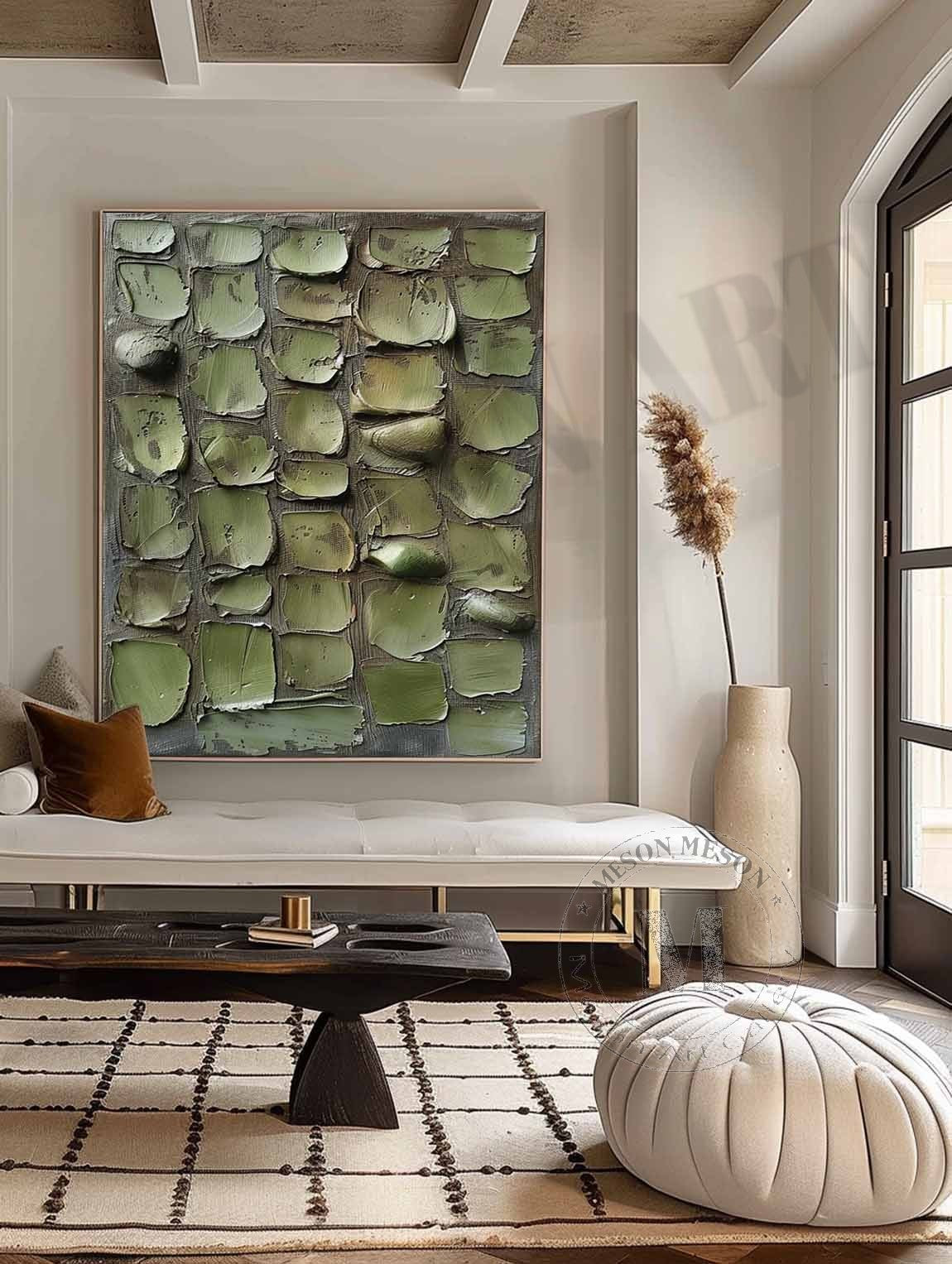Large 3D Green Abstract Canvas Art for Sale Wabi Sabi Abstract Art Green Canvas Wall Painting