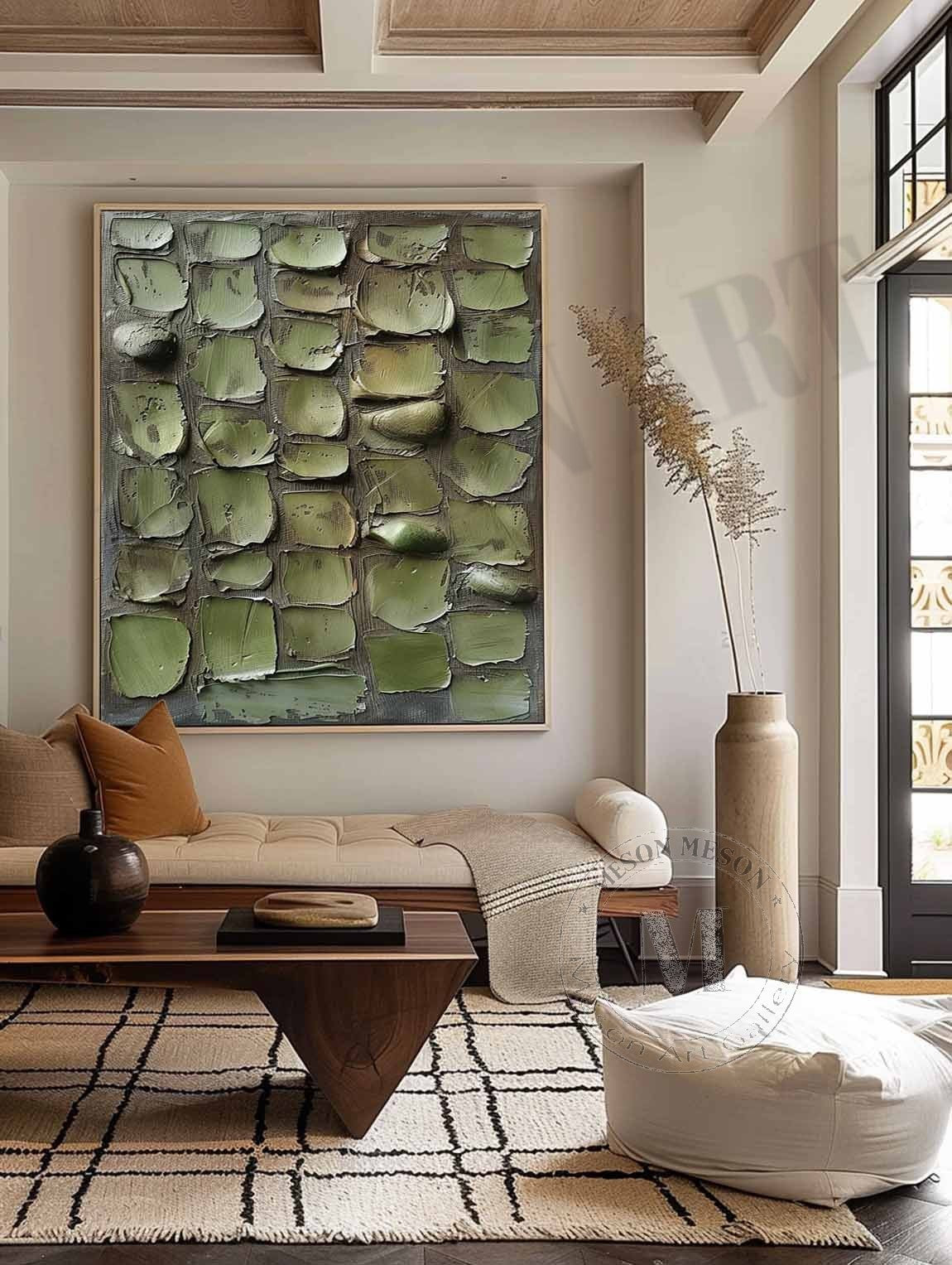 Large 3D Green Abstract Canvas Art for Sale Wabi Sabi Abstract Art Green Canvas Wall Painting