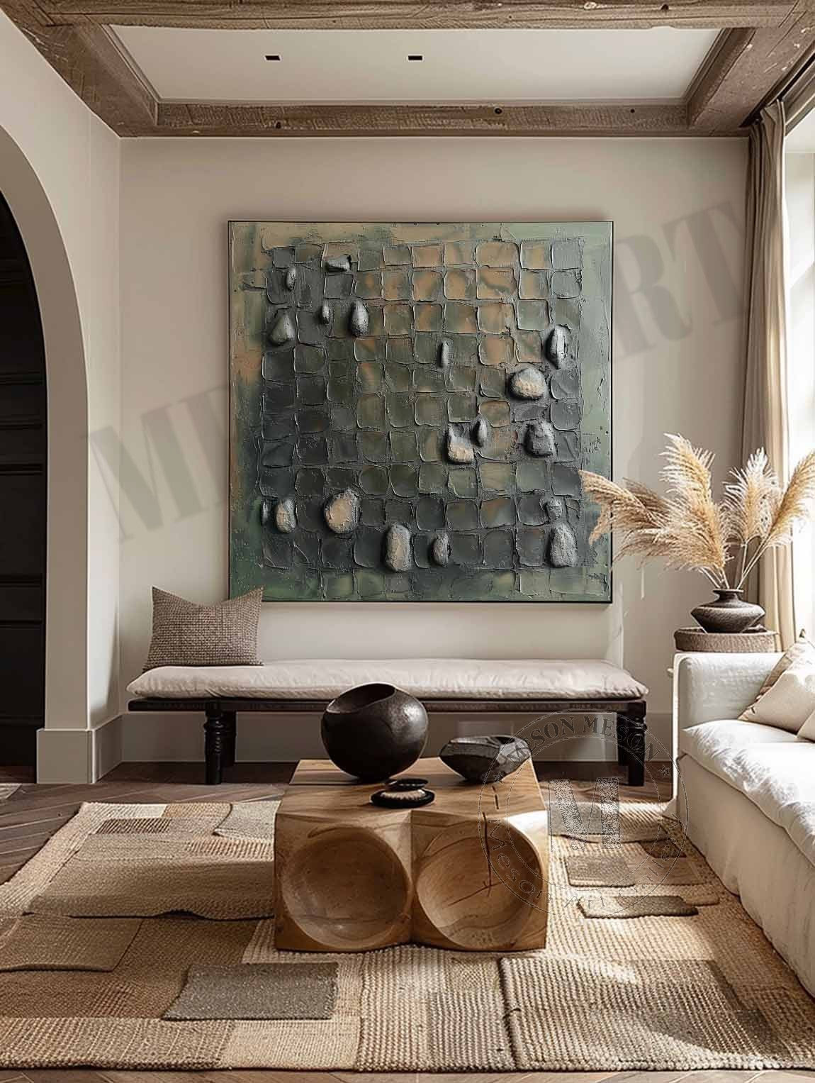 Large 3D Green Abstract Canvas Art for Sale Wabi-Sabi Wall Art Green Abstract Oil Painting