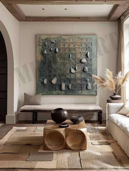 Large 3D Green Abstract Canvas Art for Sale Wabi-Sabi Wall Art Green Abstract Oil Painting