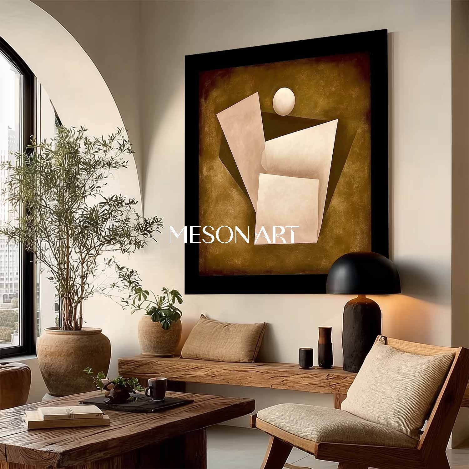 Warm Ochre Abstract Geometric Oil Painting Framed Canvas Art Office Buy