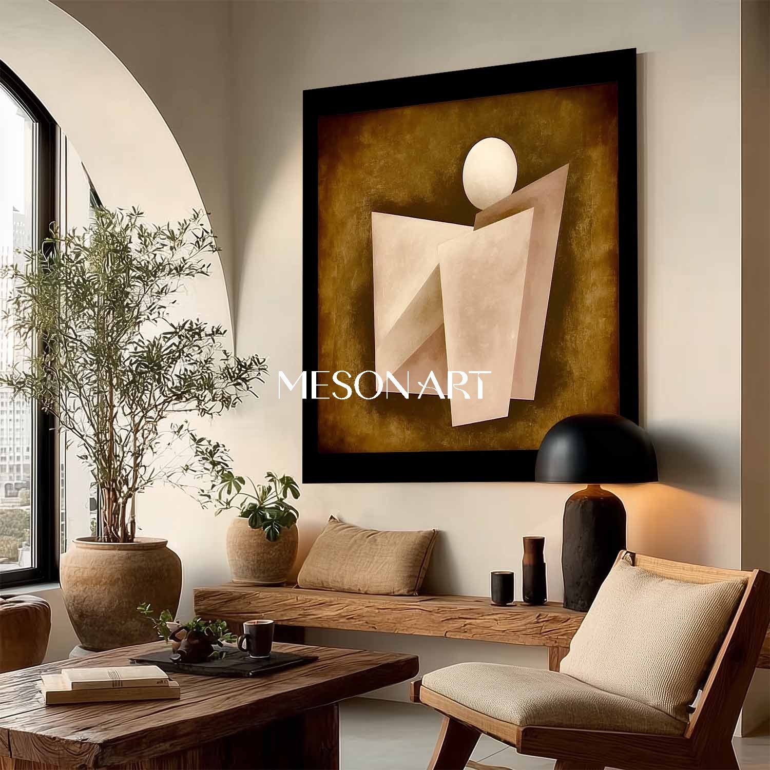 Warm Caramel Abstract Geometric Oil Painting Framed Canvas Office Buy