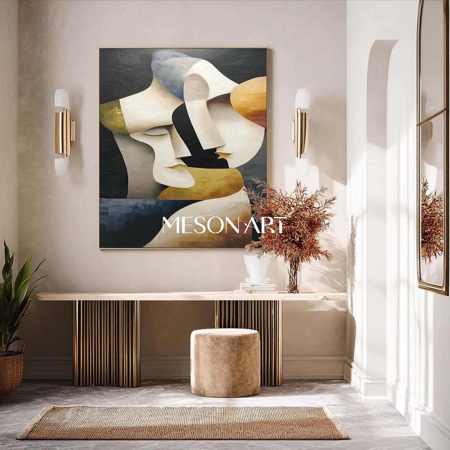 Original Vertical Luxury Cubist Couple Black Gold Hand-Painted Canvas