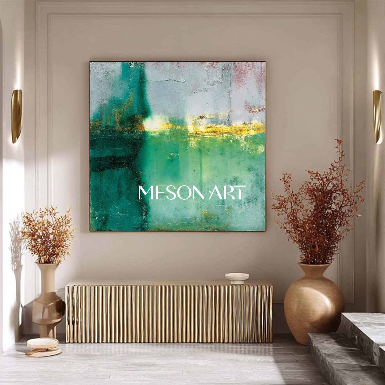 Green and Gold Abstract Art 55*55 Light Green Fireplace Wall Painting