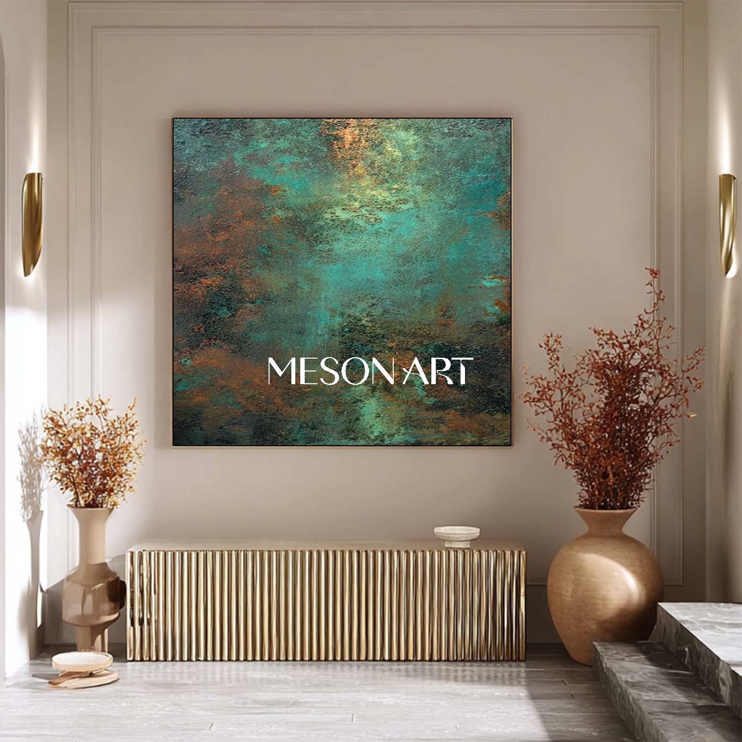3D Green and Bronze Abstract Painting Entrance Hallway Wall Decor
