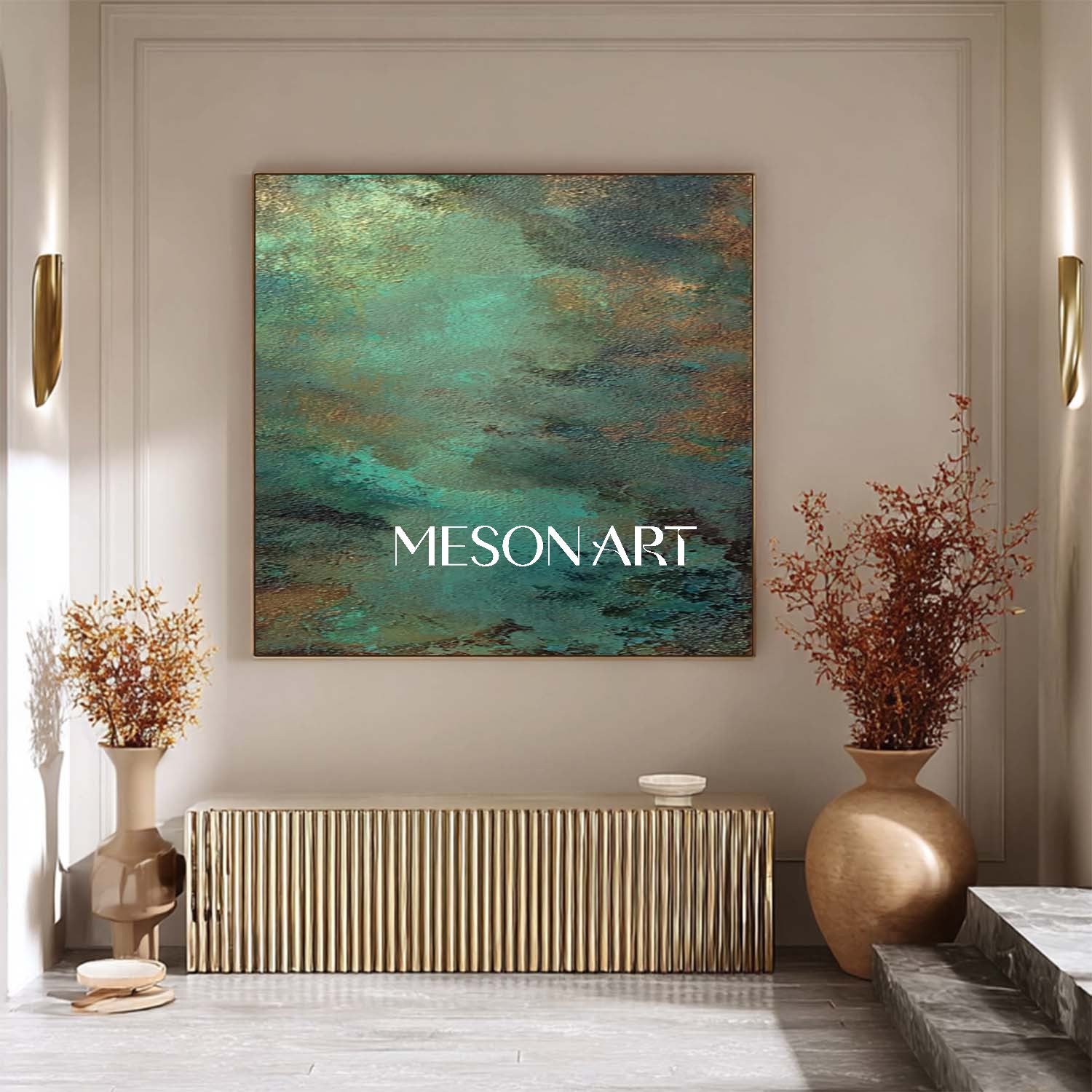 Abstract Green and Bronze Texture Painting Entrance Wall Decor
