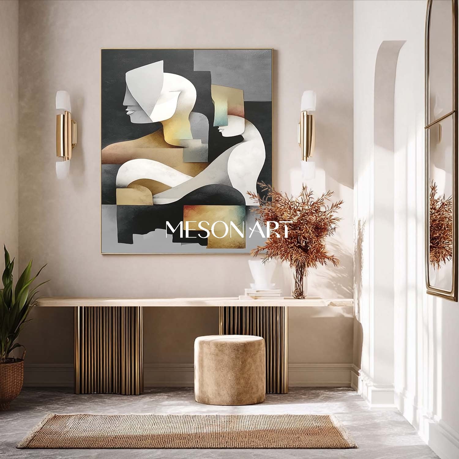 Elegant Geometric Abstract Canvas Large Textured Painting  Entryway