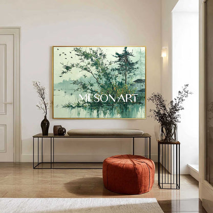 Japanese Wabi-Sabi Wall Art – Textured Nature Scene in Greens
