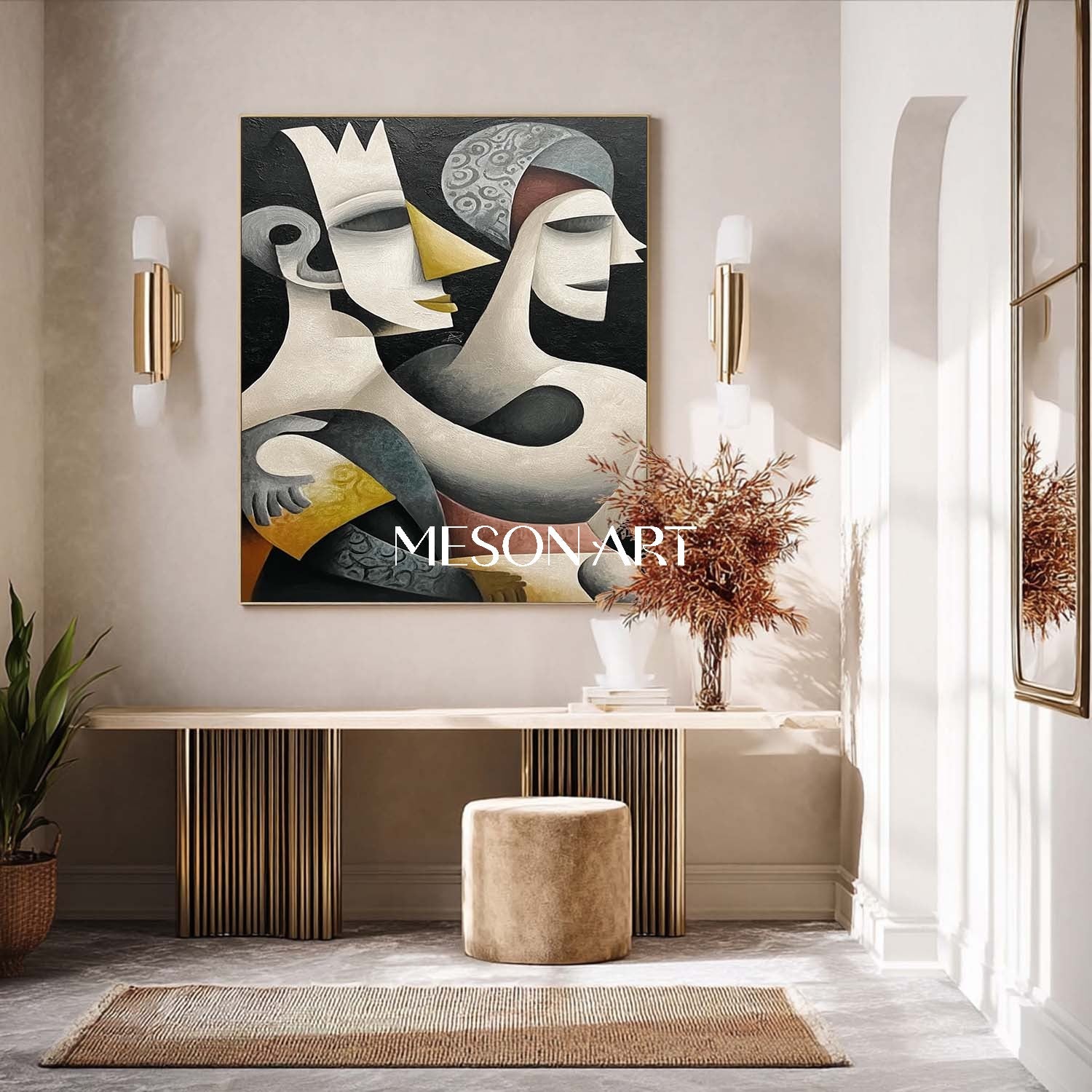 Oversized Black Abstract Art Vertical Canvas Cubist Hallway Wall Decor