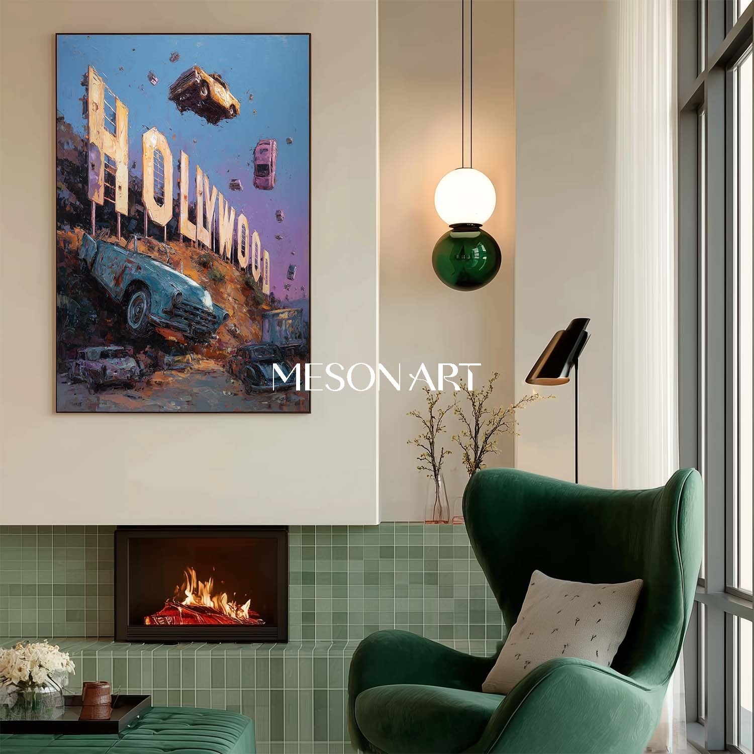 Surreal Hollywood Sign with Floating Cars Canvas Art Sunset Painting