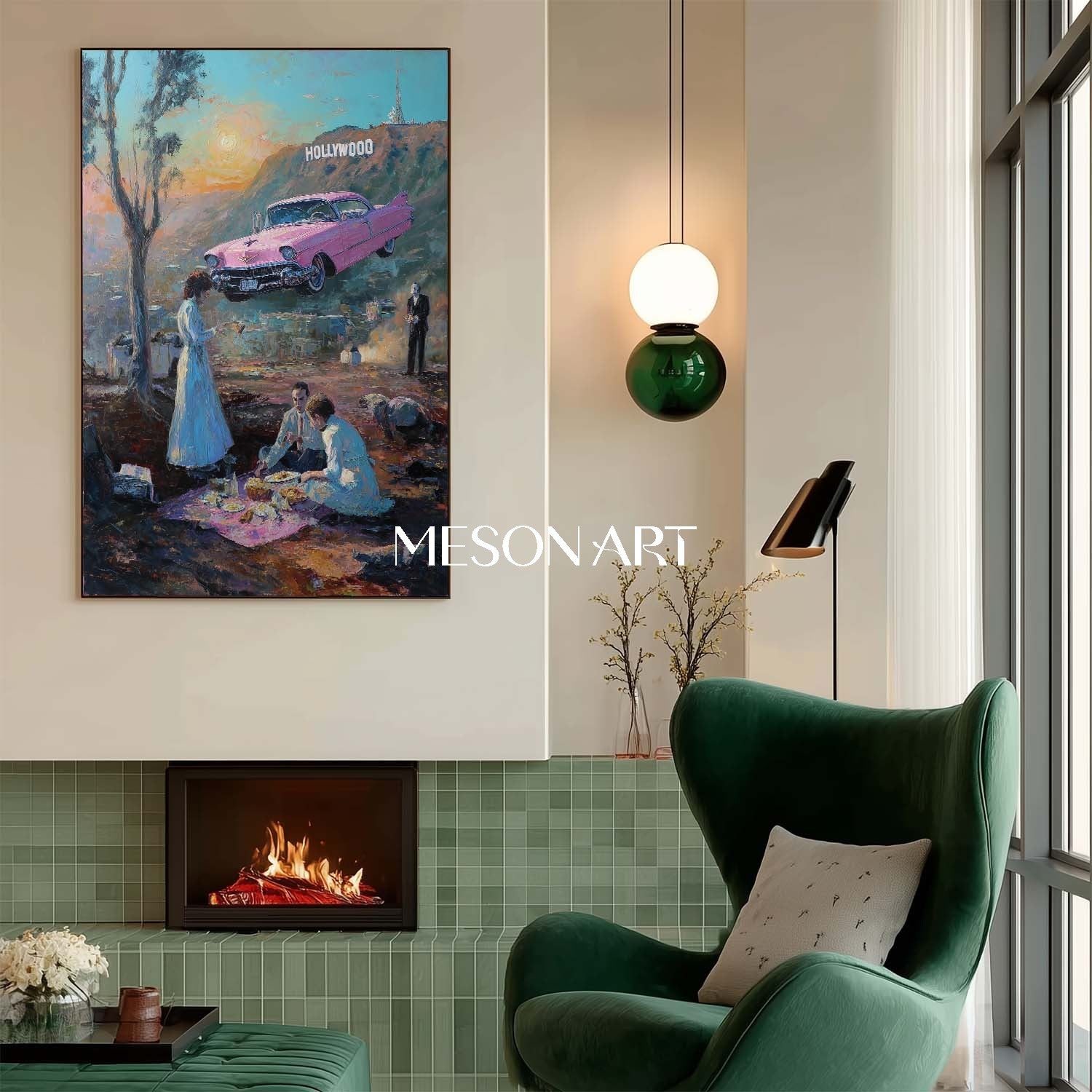 Surreal Pink Cadillac Floating Over Hollywood Picnic Scene Dreamy Art