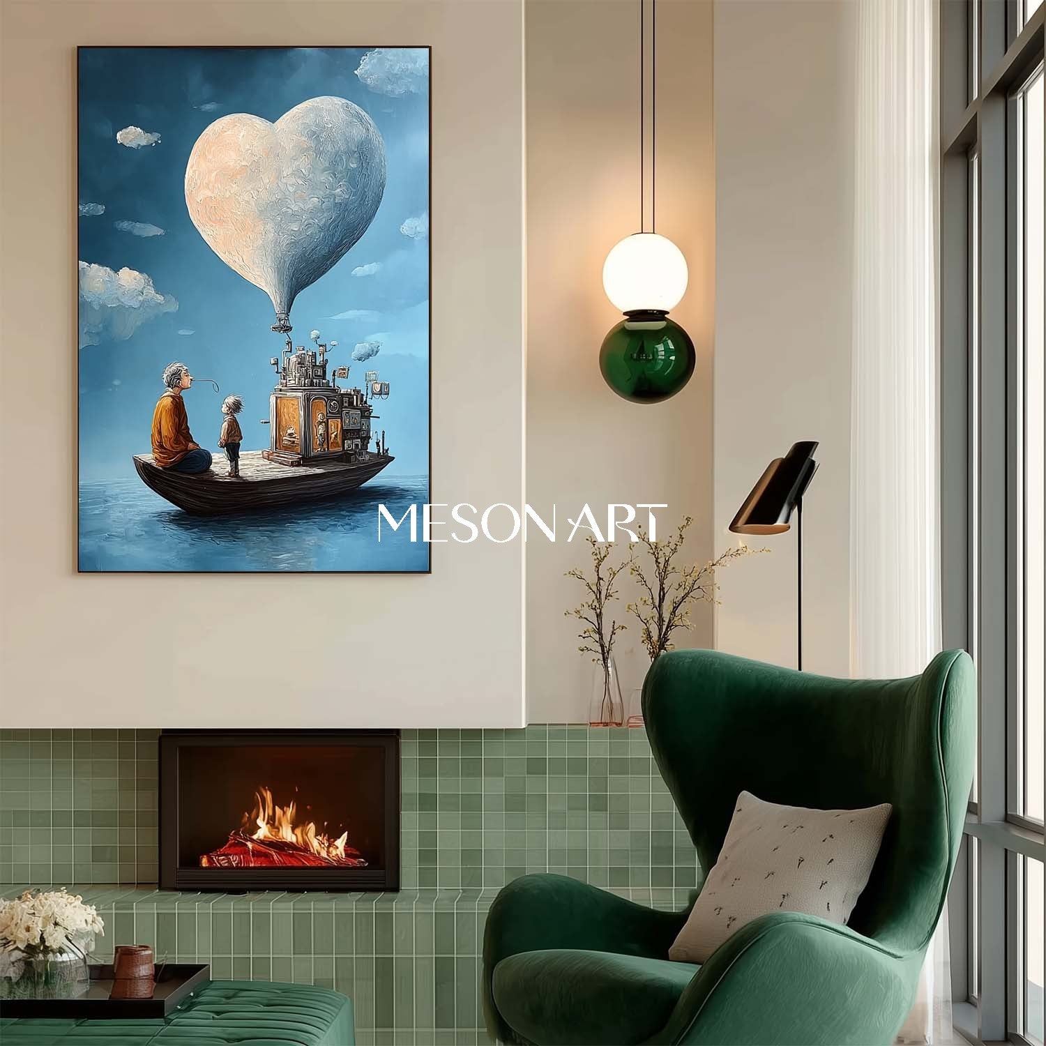 Blue Surreal Art Heart Balloon Boat Painting Large Living Room Canvas